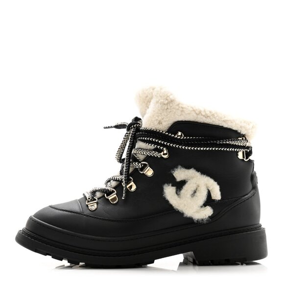 Chanel Calfskin Shearling CC Lace Up Boots 36.5 Black - Picture 2 of 11